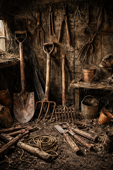 broken and rusty garden tools in a shed