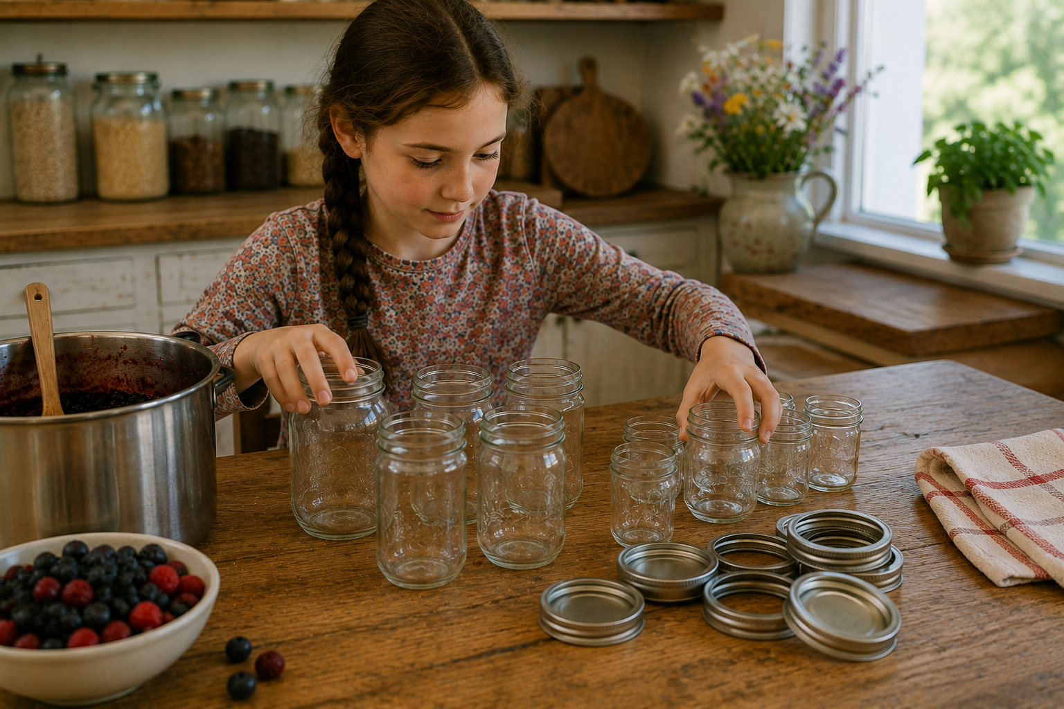 A girl sorts pint and half-pint canning jars by size at the kitchen table while preparing to preserve a batch of berries.