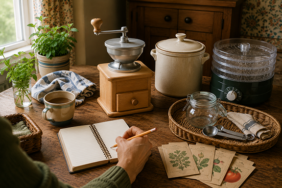 Homestead tools on a kitchen table near a window with a woman's hand writing in a planner