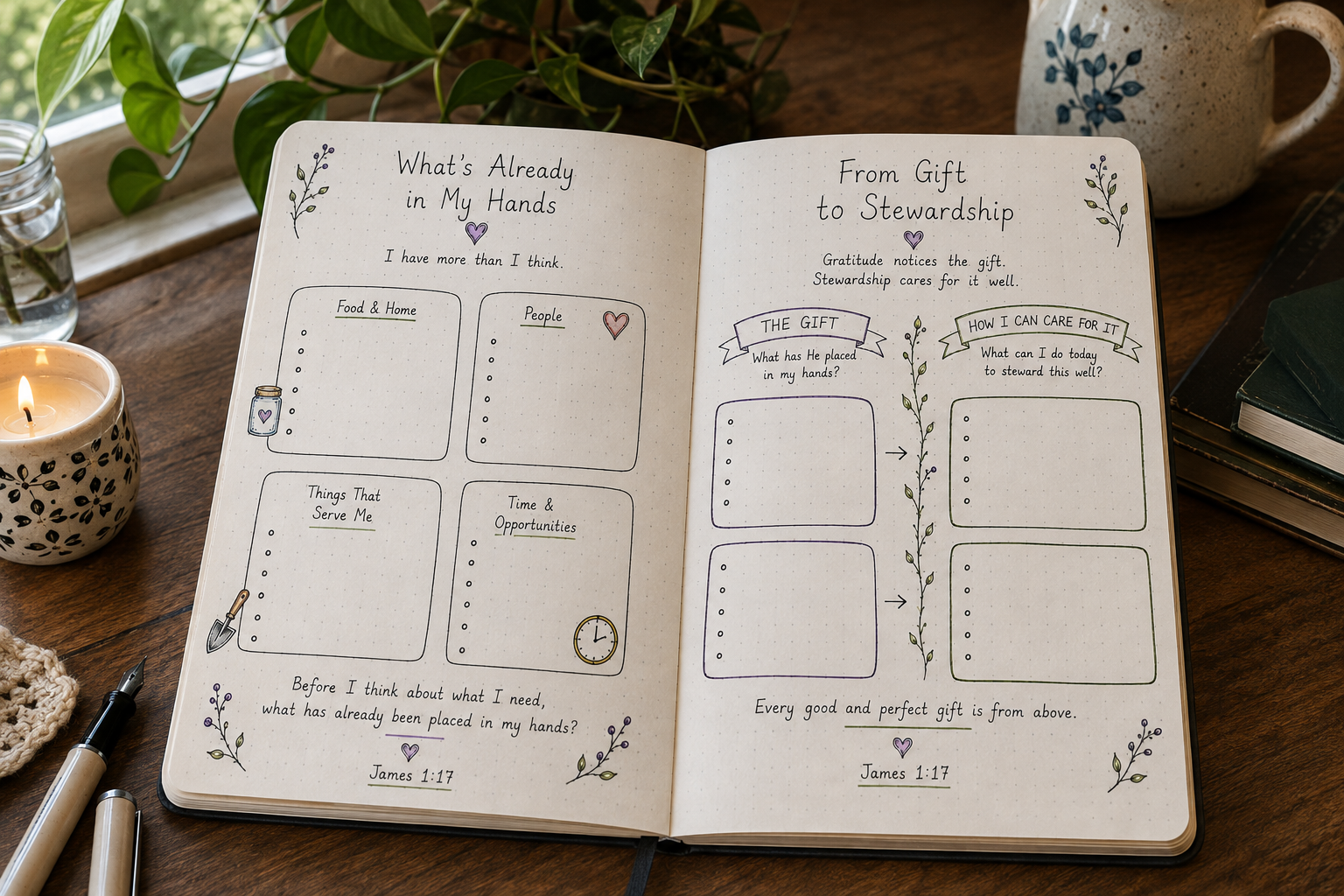 Hand-drawn gratitude and stewardship pages in an open bullet journal beside a candle, houseplant, books, and writing pens on a warm wooden table.