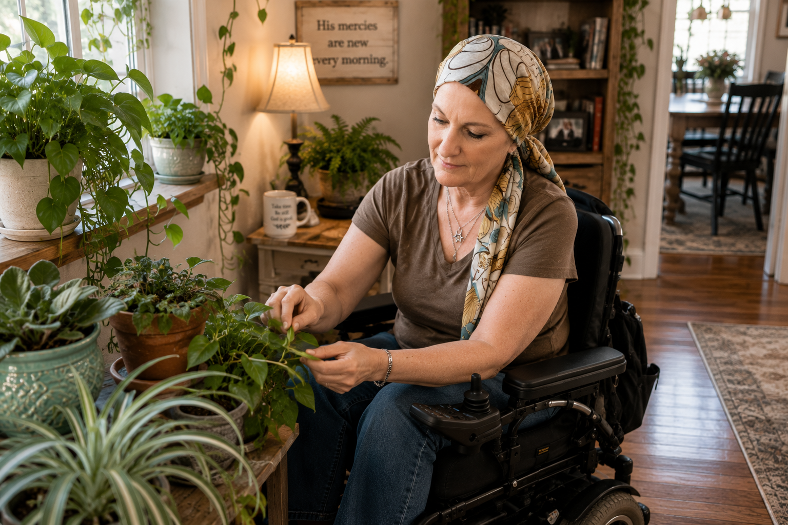 Woman in a power wheelchair checking the leaves of her houseplants as part of her morning homestead routine.