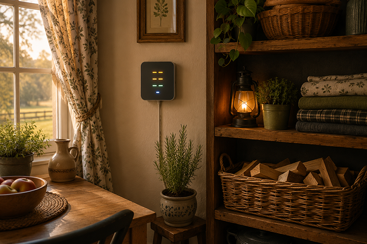 Cozy homestead utility corner with an energy monitor, folded cloths, kindling basket, herbs, and warm window light.