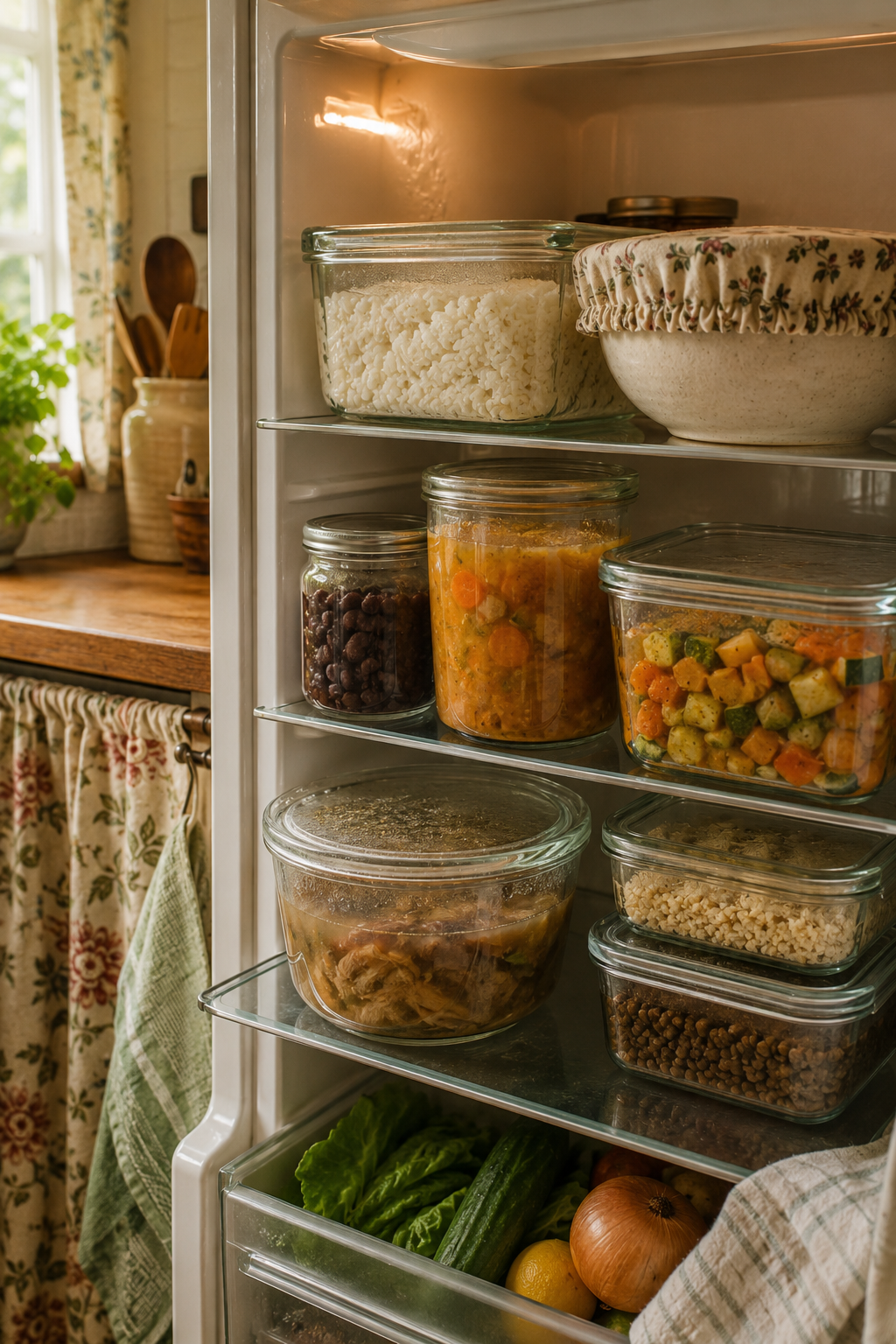 Glass containers of leftovers, cooked grains, soup, and broth scraps stored neatly in a small apartment kitchen fridge with a fabric-covered bowl.