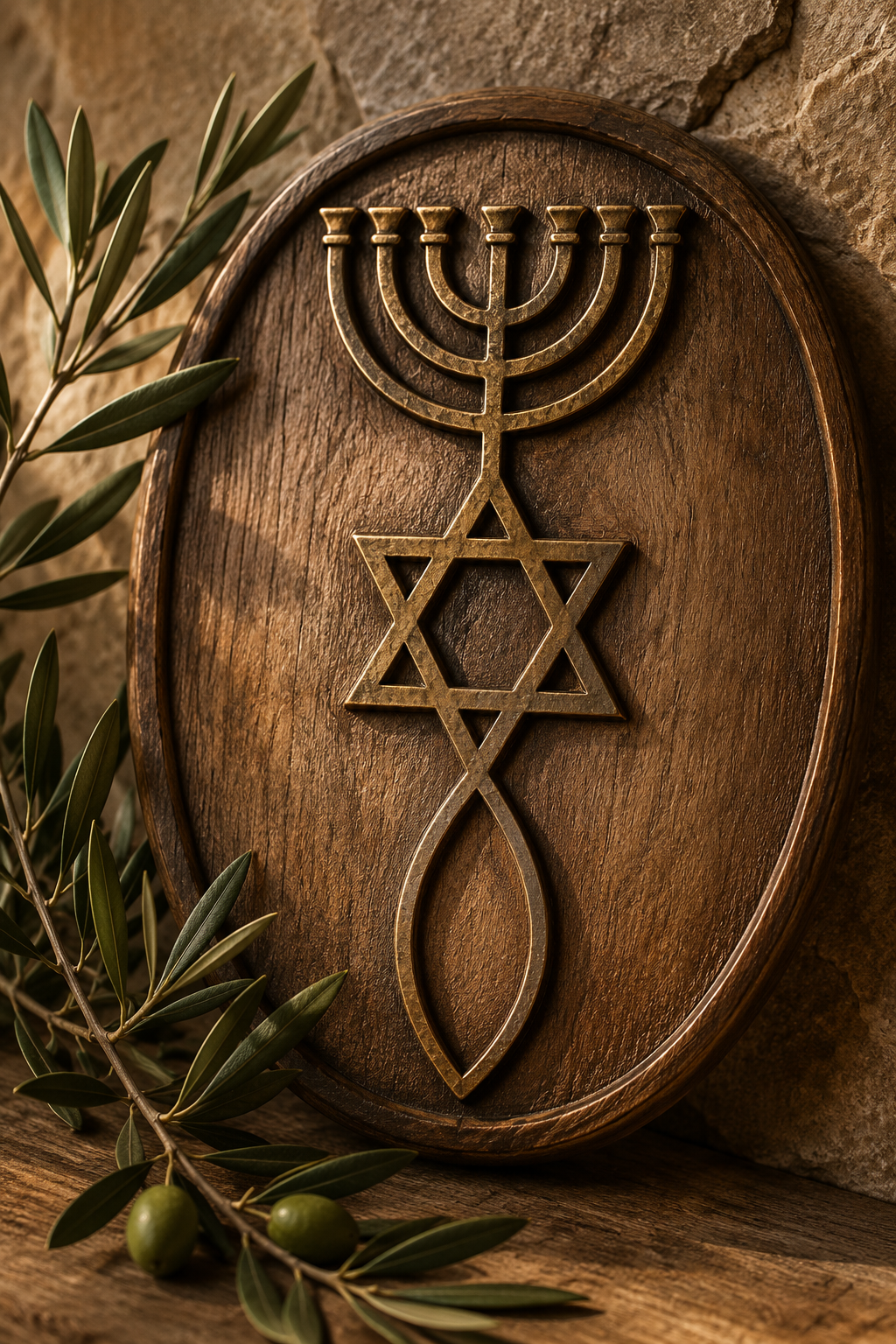 Messianic Seal in aged bronze, combining a menorah, Star of David and fish, displayed on wood with olive branches symbolizing believers grafted into Israel.