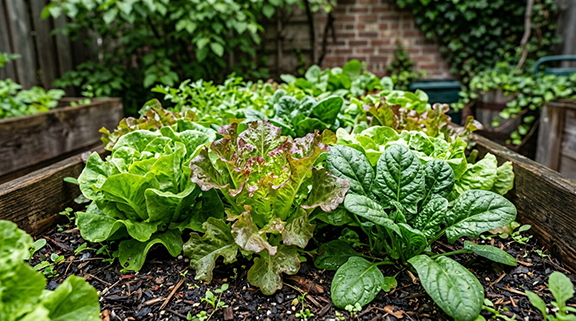 several varieties of greens growing in shade