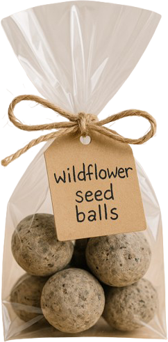a cellophane bag filled with wildflower seed balls and a just bow and a rustic tag