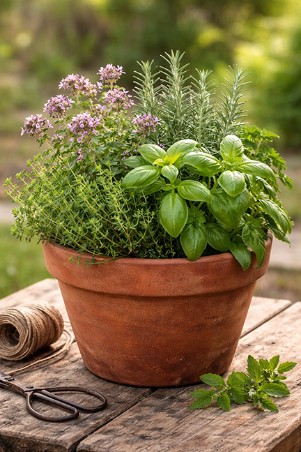 herbs in a pot on a table