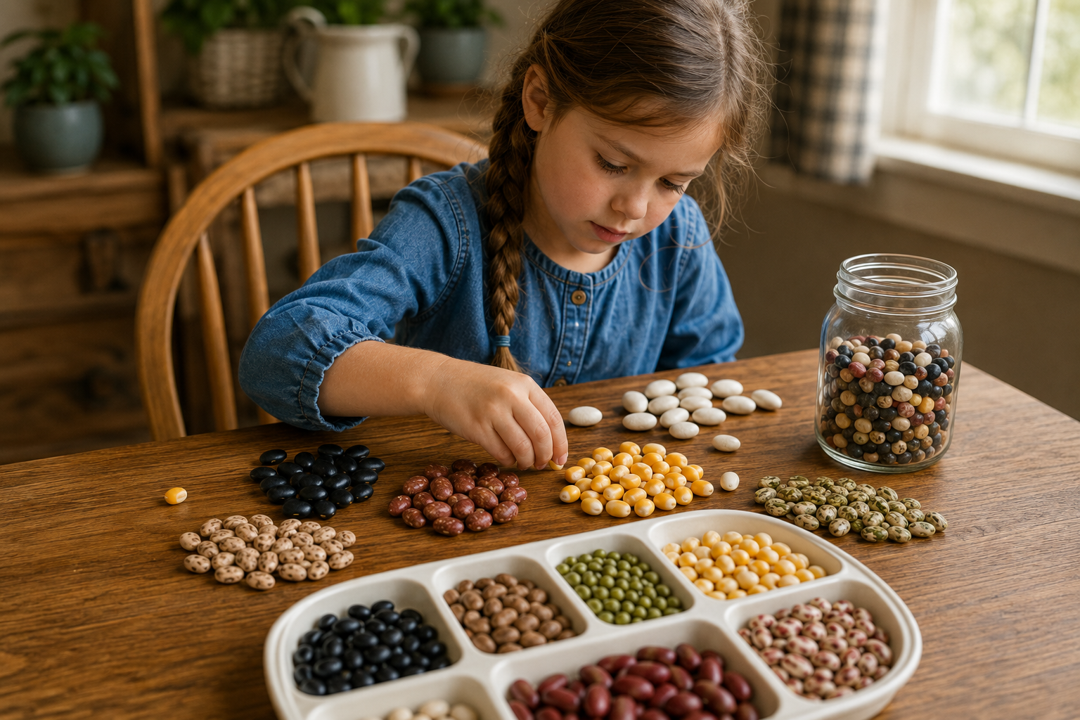 Young girl sorts colorful beans and seeds by type at a wooden kitchen table during a hands-on seed math activity.