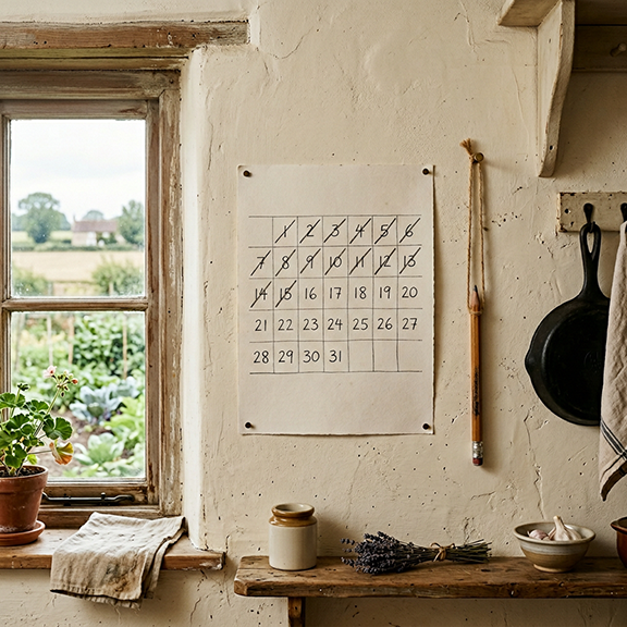 A wall calendar on a wall next to a window in a rustic home