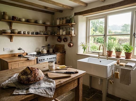 A warm, lived-in homestead kitchen in soft morning light, freshly baked sourdough bread cooling on a wooden counter