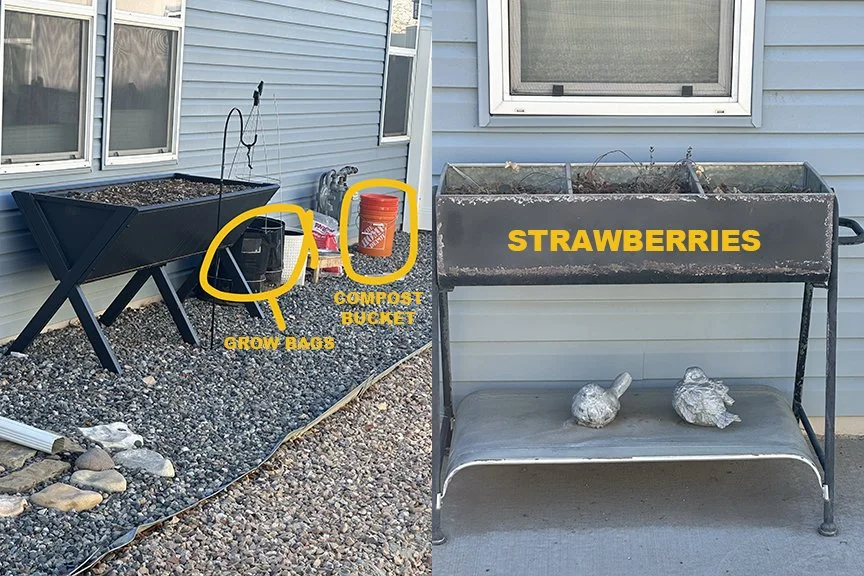 two raised garden beds and two grow bags in front of a house