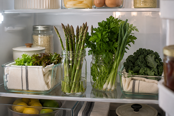 asparagus and fresh greens in a jar in the refrigerator