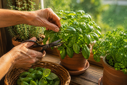 hands shown snipping herbs on a windowsill