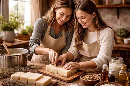 Woman and teenage girl making soap together in a kitchen