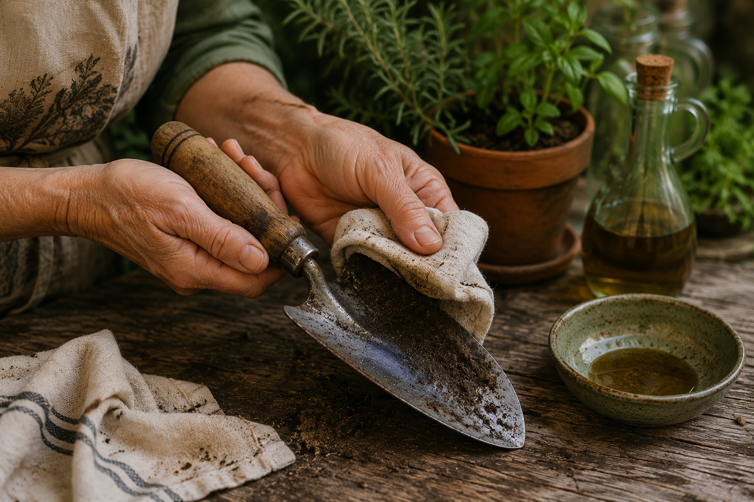 Hands carefully clean a well-used garden trowel after working in the soil, illustrating the practice of caring for and stewarding the tools we already have.