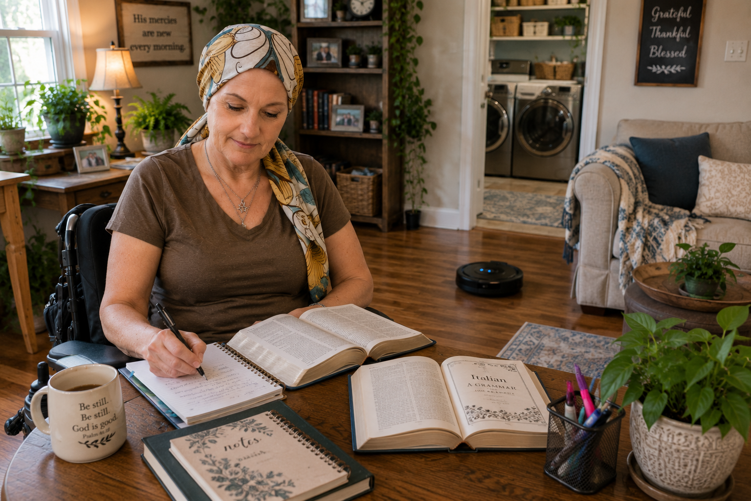 Woman in a power wheelchair studying at a table with her Bible and language books while the robot vacuum runs and laundry machines work nearby.