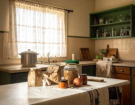 A pleasant kitchen with pentry items on a table and a pot in the background