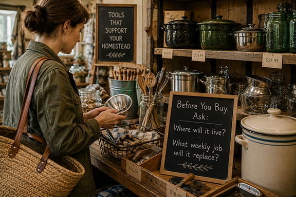 A woman stands at a counter in a store looking at homestead tools beside a sign that asks where will it live and what job will it replace?