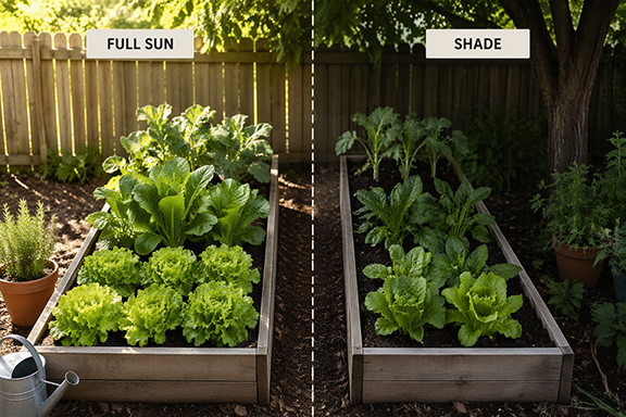 a split screen showing the same crops in shad and full sun