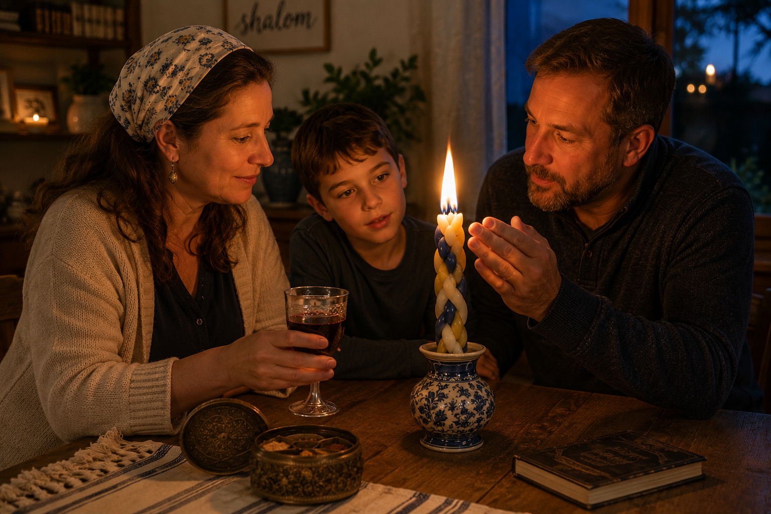 Family gathered around a glowing braided Havdalah candle, sharing wine and spices as they mark the close of Shabbat together.
