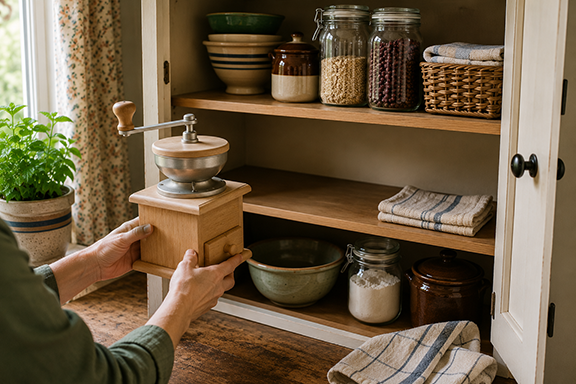 A woman tries to place a grain mill on a shelf that is not the right size.