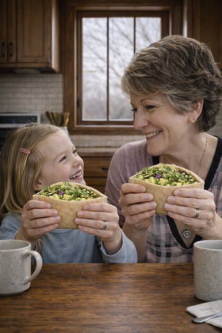 Grandmother and child eating pita sandwiches as they smile at each other