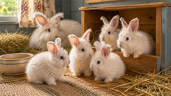 baby bunnies with their momma in an indoor area