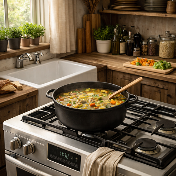 a pot of soup simmering on the stove in a very small kitchen