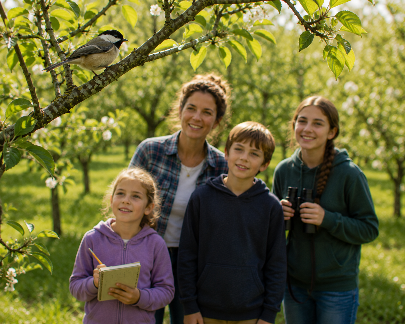 A homeschooling family observes a chickadee perched in an orchard while children use binoculars and nature journals during an outdoor birdwatching lesson.