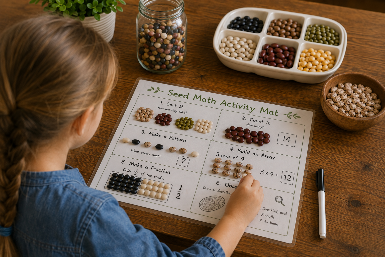 Young child uses beans and seeds on a reusable Seed Math Activity Mat to practice counting, sorting, patterns, fractions, and arrays.