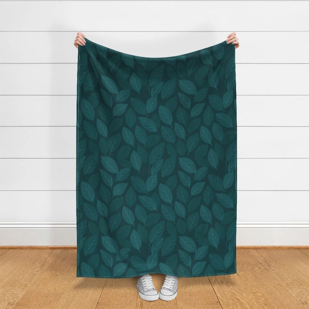 Deep Teal Tone-on-Tone Leaves Throw Blanket.jpeg