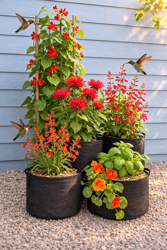 a vertical hummingbird garden in grow. bags against a blue wall