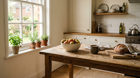 A neat and tidy kitchen with a bowl of fruit, a cup of coffee, and a loaf of sourdough bread on a table