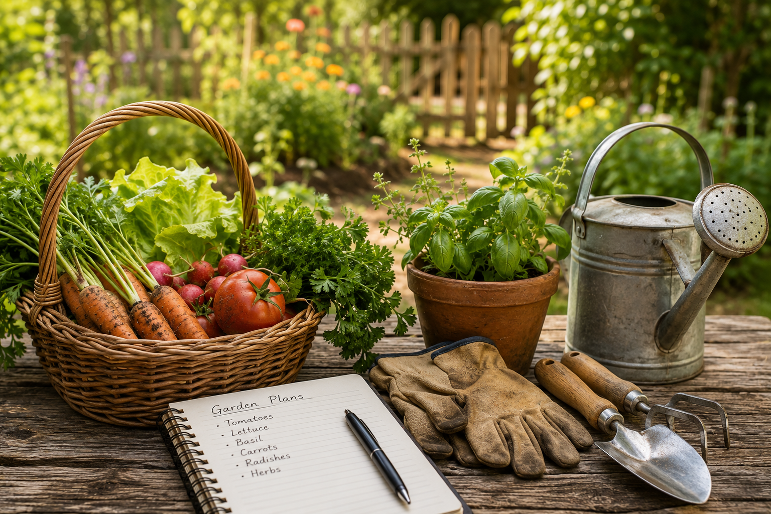 vegetables and a watering can on a rustic table