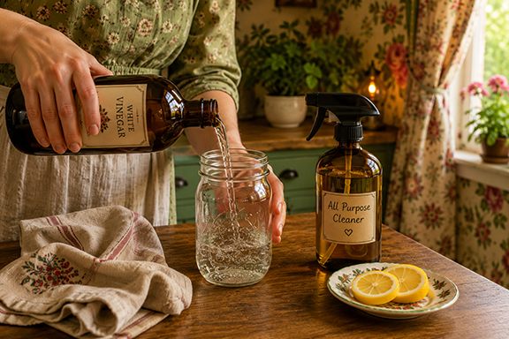 Close up of a woman pouring vinegar into a canning jar with all purpose cleaner and lemons nearby