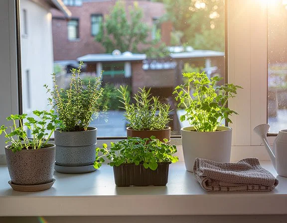5 herbs growing on a sunny windowdill, a folded cloth and watering can nearby