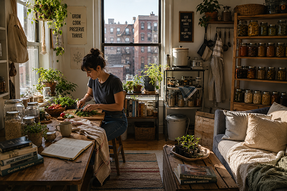 woman in an apartment with homesteading basics all around her.