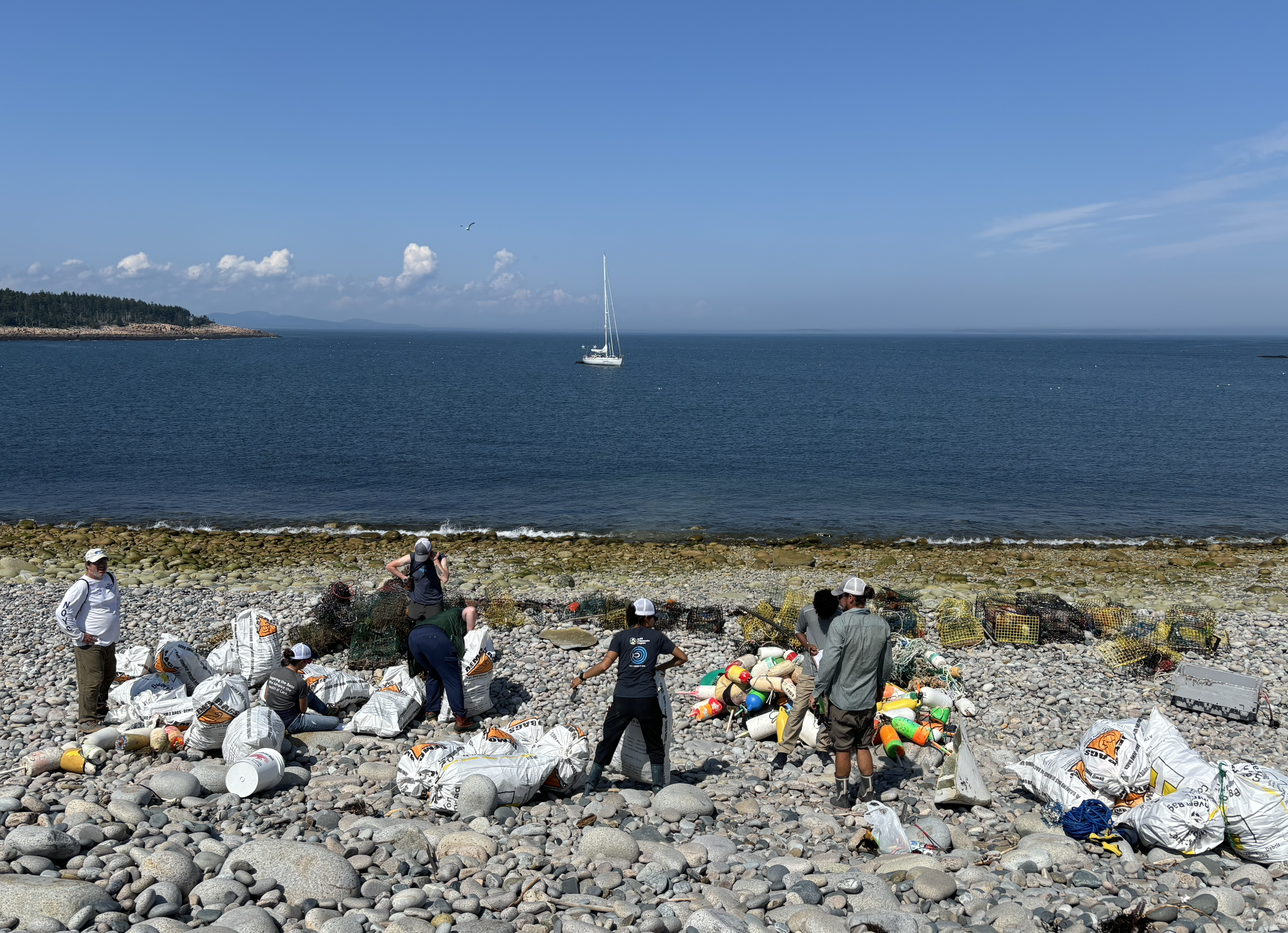 Piles of debris collected by Rozalia staff and volunteers on Long Island, Maine