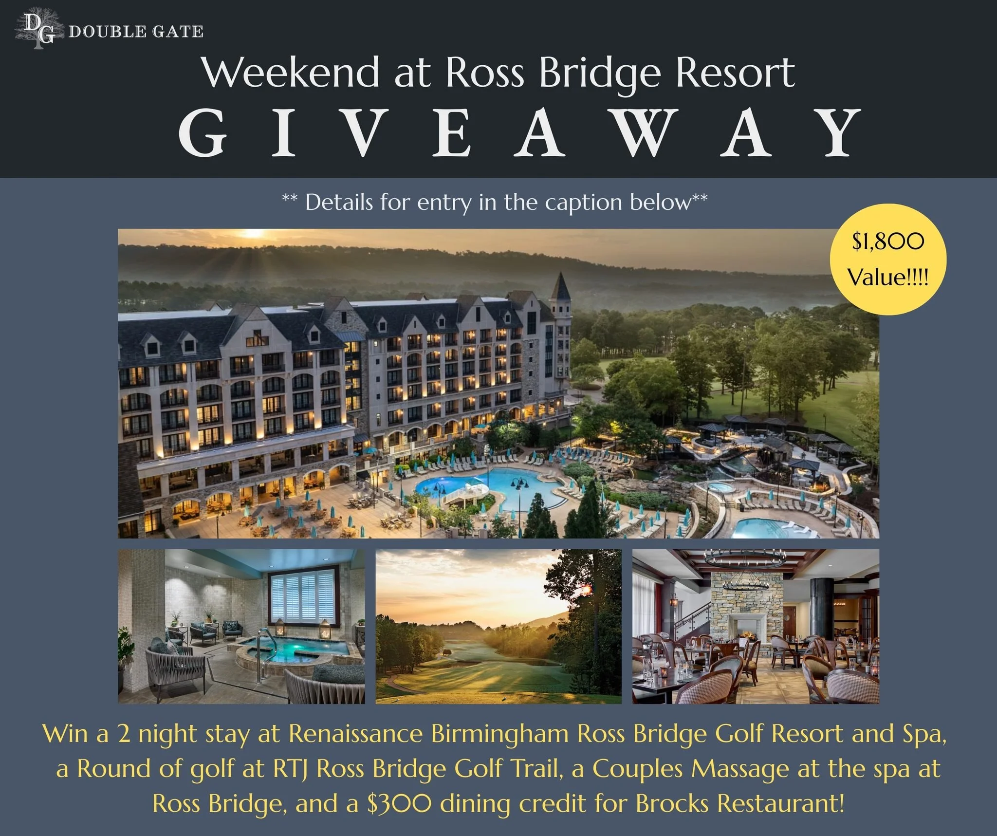 🎉GIVEAWAY TIME!🎉

Win the ultimate luxury weekend getaway at the Renaissance Ross Bridge Golf Resort &amp; Spa!✨

One lucky winner will receive:
🏰 2-night stay at Ross Bridge Resort ($800 value)
⛳ Round of Golf at RTJ Ross Bridge Golf Trail ($200 