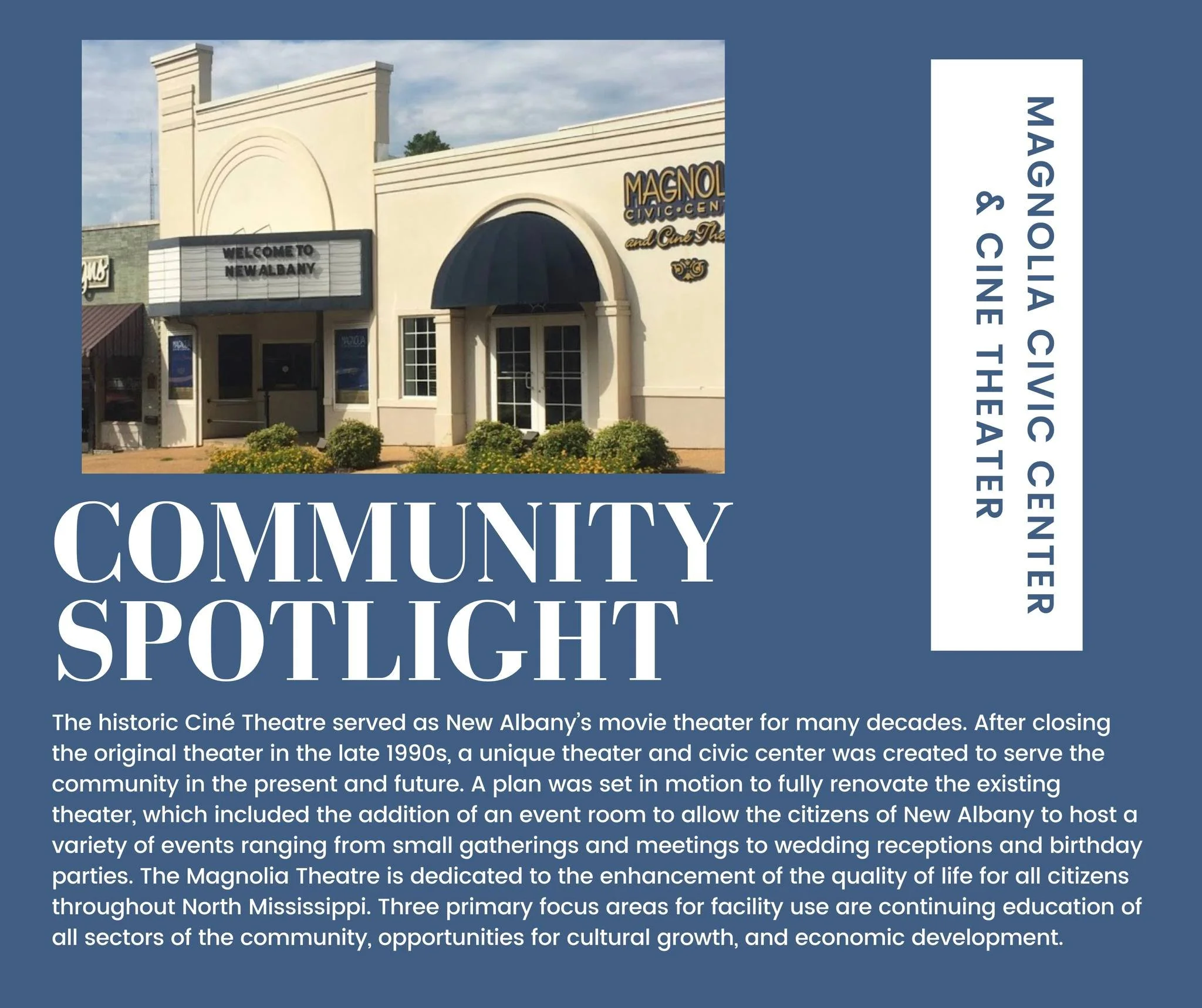 🌟 Community Spotlight: Magnolia Civic Center &amp; Cine Theater! 🎬

A beloved landmark in the heart of New Albany, the historic Cin&eacute; Theatre has been reimagined as the Magnolia Civic Center &mdash; a vibrant space for gatherings, celebration