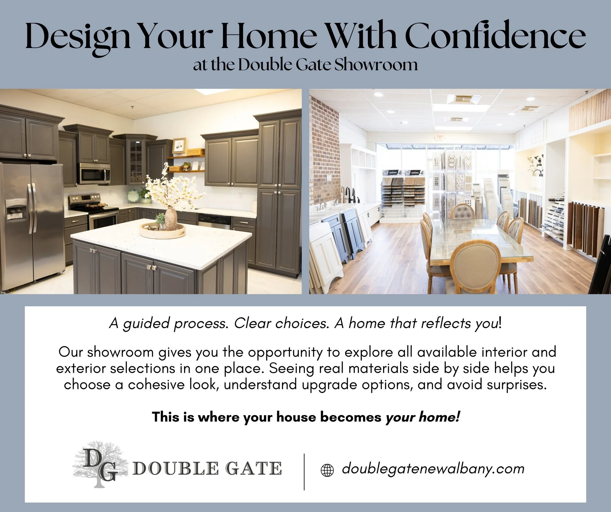 Design with confidence ✨

At the Double Gate Showroom, you can see, touch, and compare finishes all in one place! From cabinets to countertops and everything in between&mdash;our showroom helps you make clear, confident choices for your new home.

We