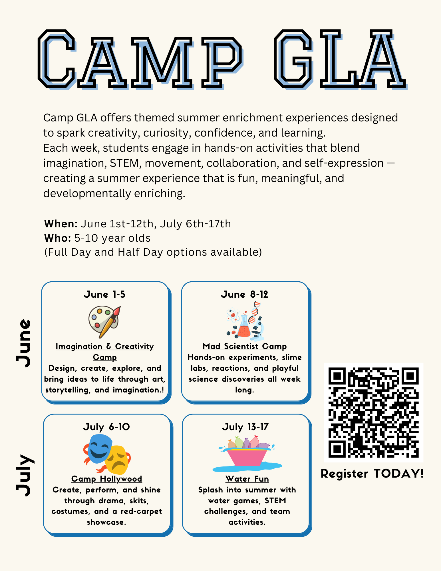 Flyer for Camp GLA summer enrichment programs with schedules for June and July, including descriptions of themed camps, dates, and a QR code for registration.