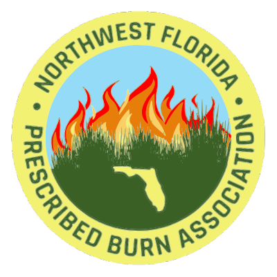 Logo of Northwest Florida Prescribed Burn Association featuring a burning fire over grass with a Florida shape in the foreground.