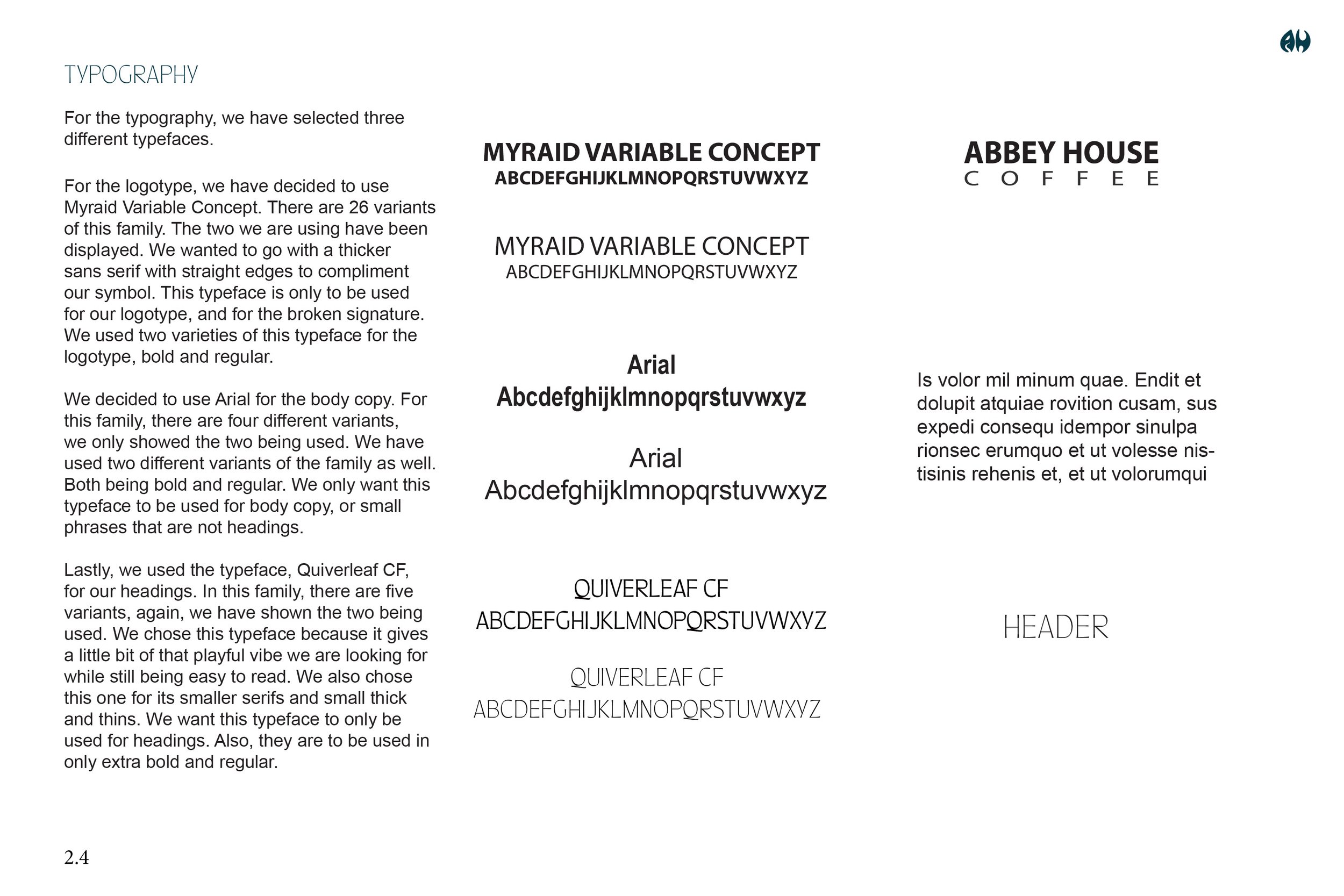 Identity content, 'typography,' part one, for the Abbey House Coffee brand guide that I designed