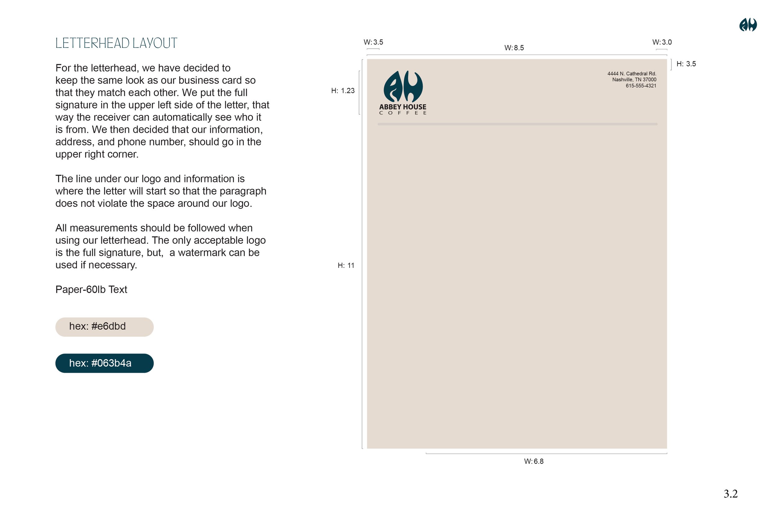 Stationery systems, 'letterhead layout,' part one, for the Abbey House Coffee brand guide that I designed