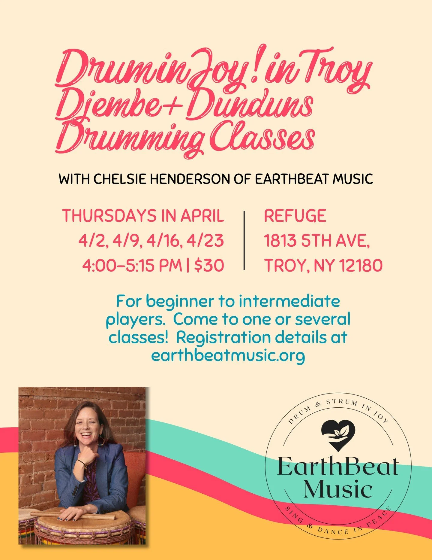 I am so pleased to offer some Drum in Joy! classes at @refugetroy in April starting 4/2! Join us in this precious space to share in building community through drumming.

All details are at earthbeatmusic.org. Register for one, some or all classes! I 