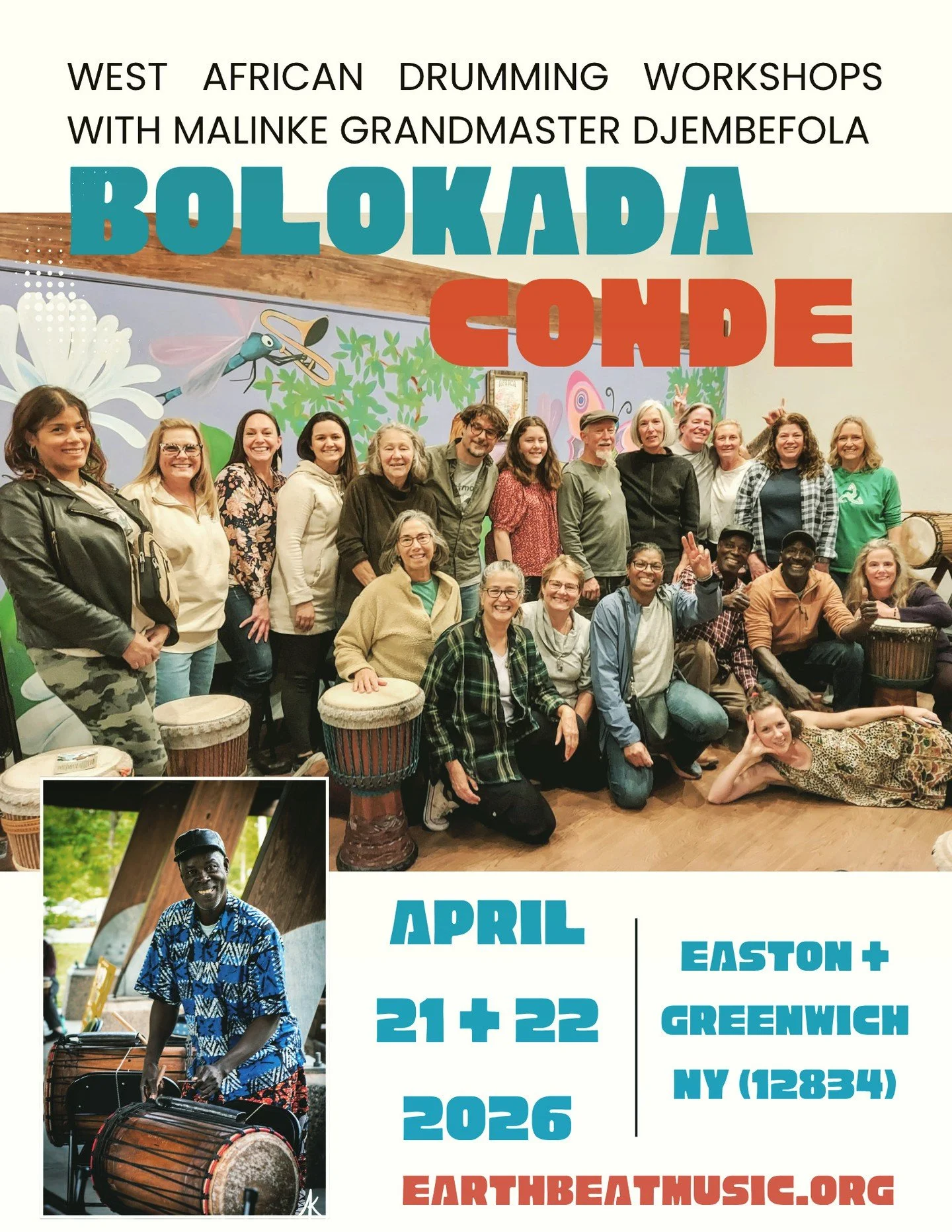 19 days until Bolokada! 

🇬🇳 April 21 | Day 1 with Bolokada

🌟4:00 pm Beginner Djembe Workshop @ Burton Hall, Easton NY

🌟6:00 pm All Levels Djembe + Dunduns Workshop @ Burton Hall, Easton NY

🇬🇳 April 22 | Day 2 with Bolokada

🌟11:00 am FREE 