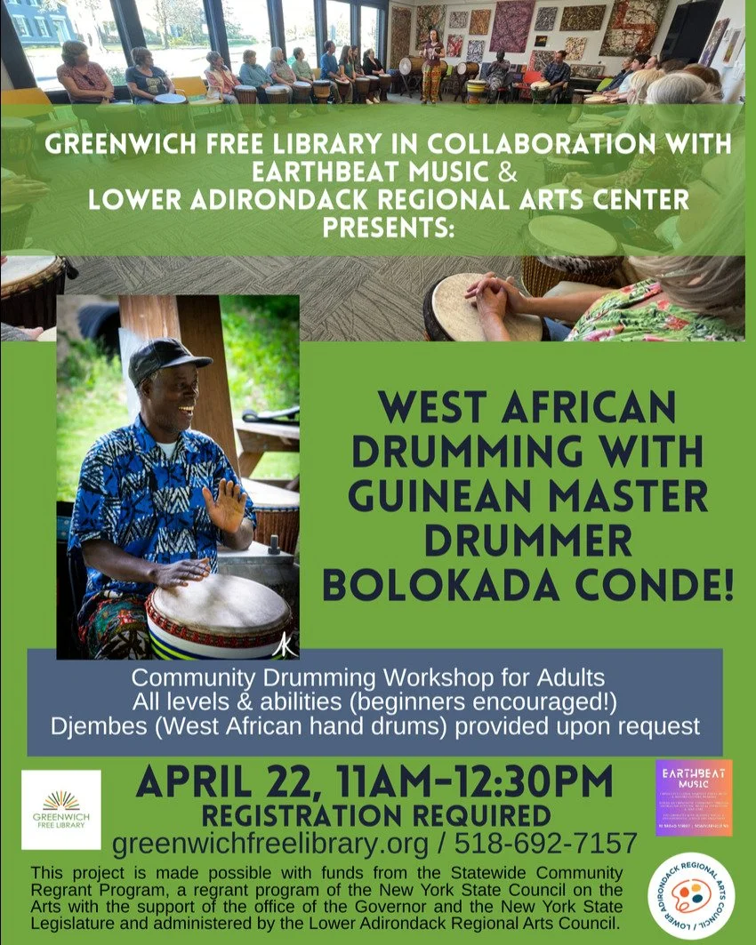 Only 3 spots remain open in this FREE Community West African Drumming workshop with Grandmaster Djembefola Bolokada Conde at the @greenwichfreelibrary! 

This project is made possible with funds from the Statewide Community Regrant Program, a regrant