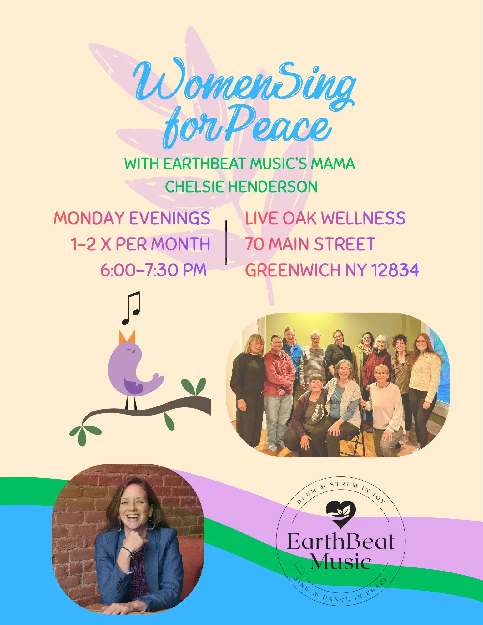 🌈 Our WomenSing for Peace June Sing
with yours truly is on June 1, 6:00-7:30 pm, at Live Oak Wellness in Greenwich!

🎵 For all experiences, beginners very welcomed. Ages 13+
🎵$25 | 20% of class fees donated to the EarthBeat Music Fund: emergency a