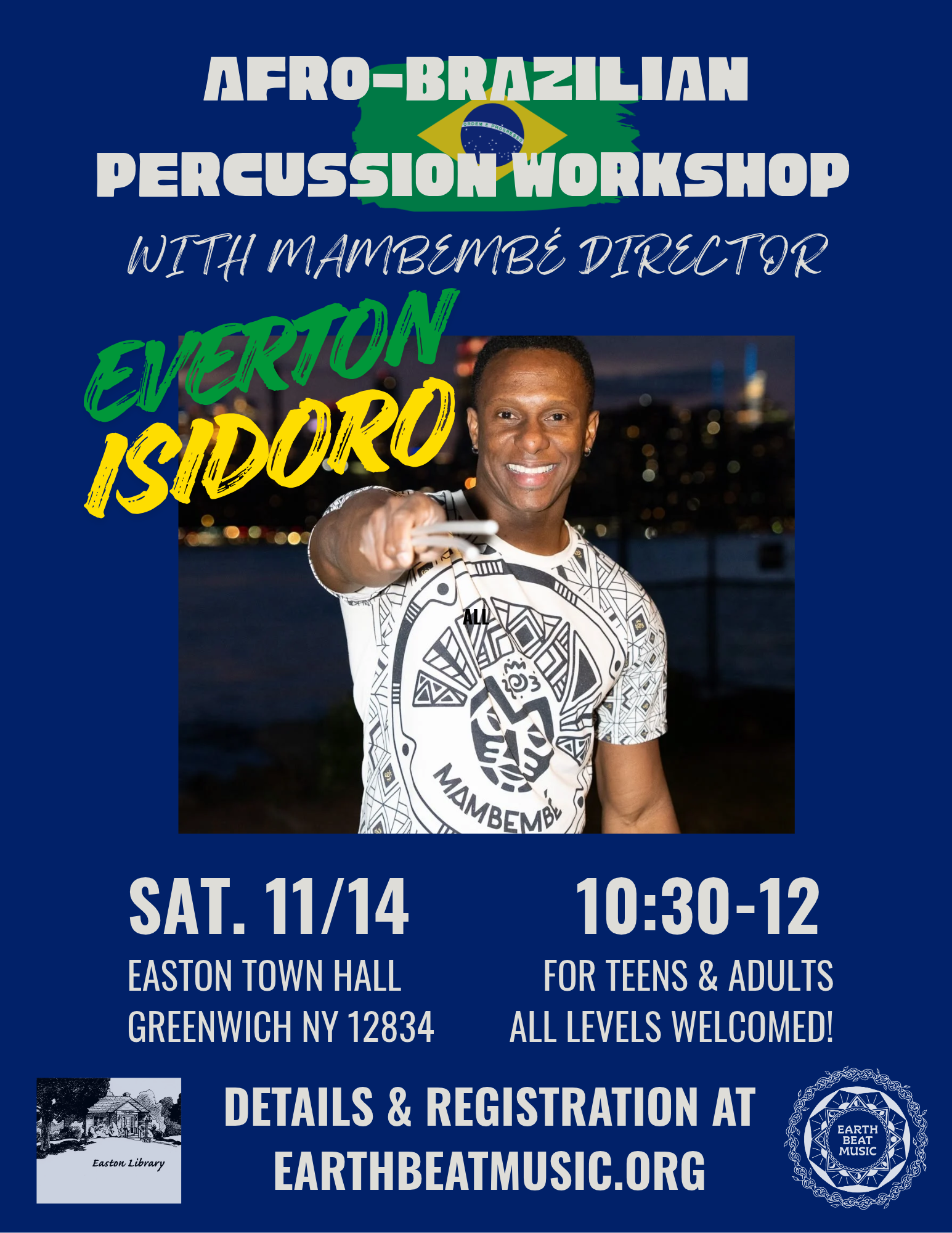 Afro-Brazilian Percussion Workshop for All Levels with Everton Isidoro